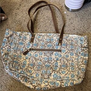 Myra Bag Floral Patterned Tote Bag - Cream and Blue